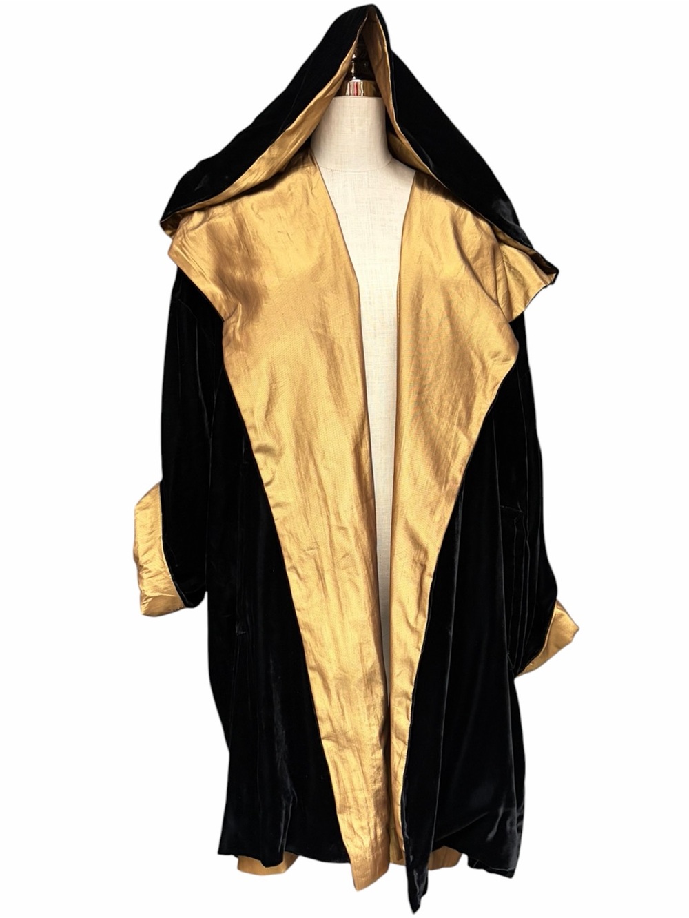 Vintage a.b.s. California Black Velvet Black & Gold Hooded Opera Coat Medium